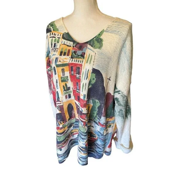 Michael Leu Sweater Size 1X Art Apparel Group Cotton Italian Scene V Neck - Picture 4 of 16